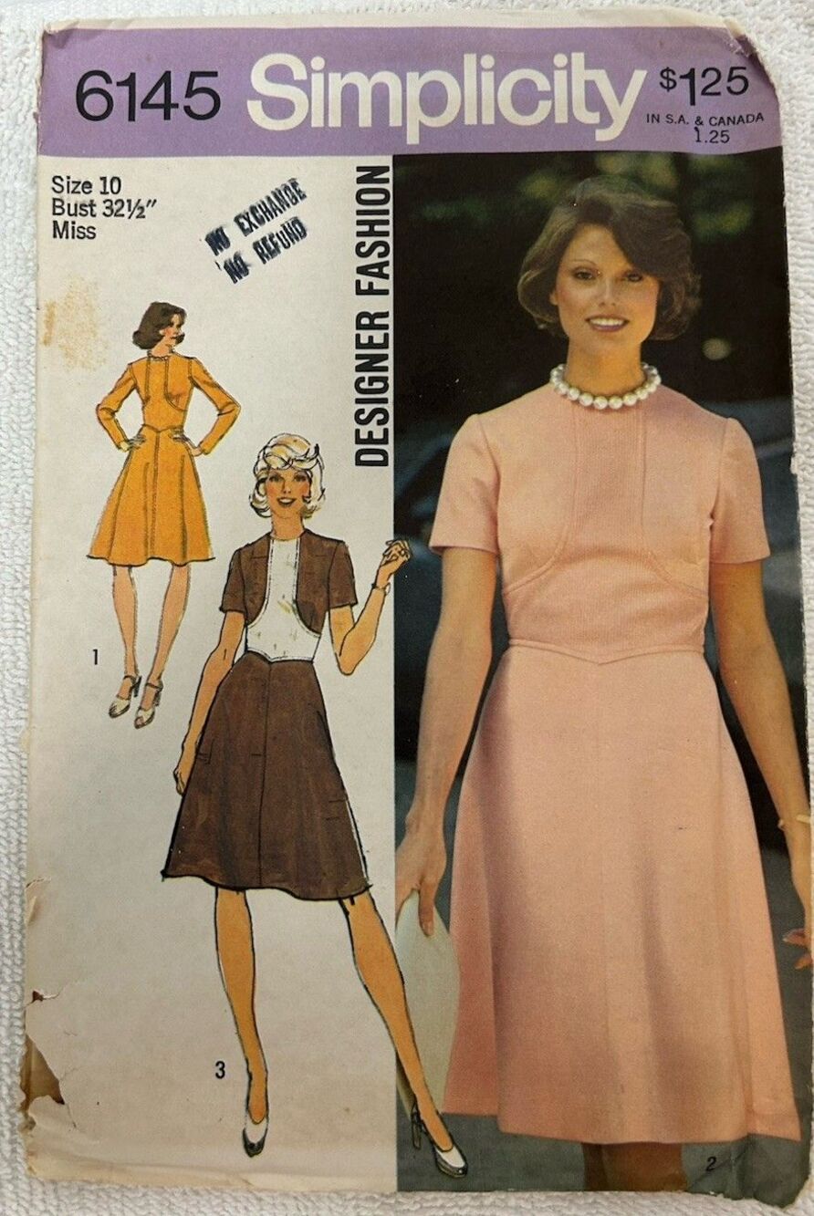 Simplicity 6145 Designer Fashion Womens Dress Sewing Pattern Vintage Size 10